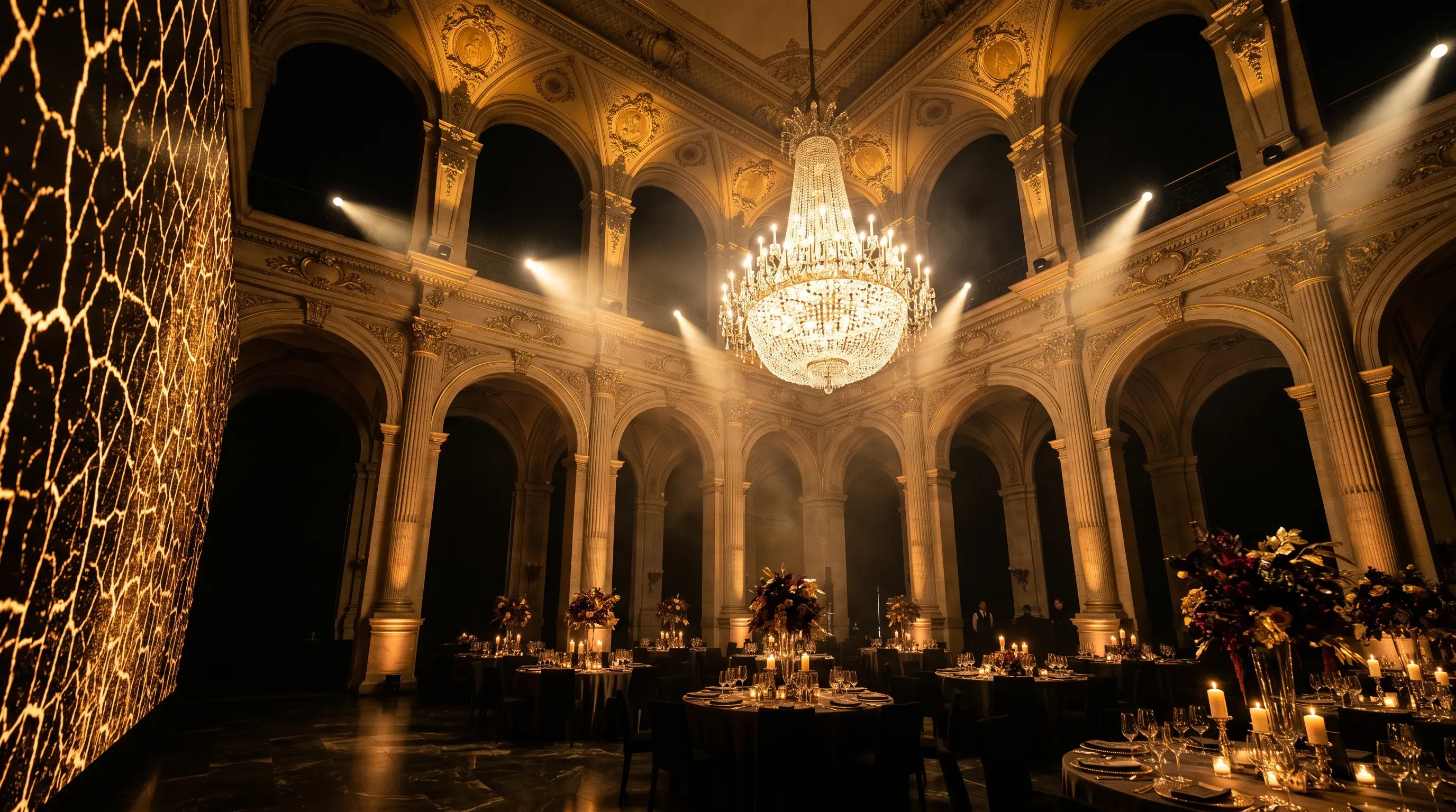 Ballsaal der Flora Köln mit LED-Wand und goldenem Spotlicht (KI-Platzhalter)